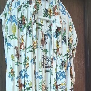 Cruel Girl Western Print Button Down Shirt - White, Blue, Green, Brown